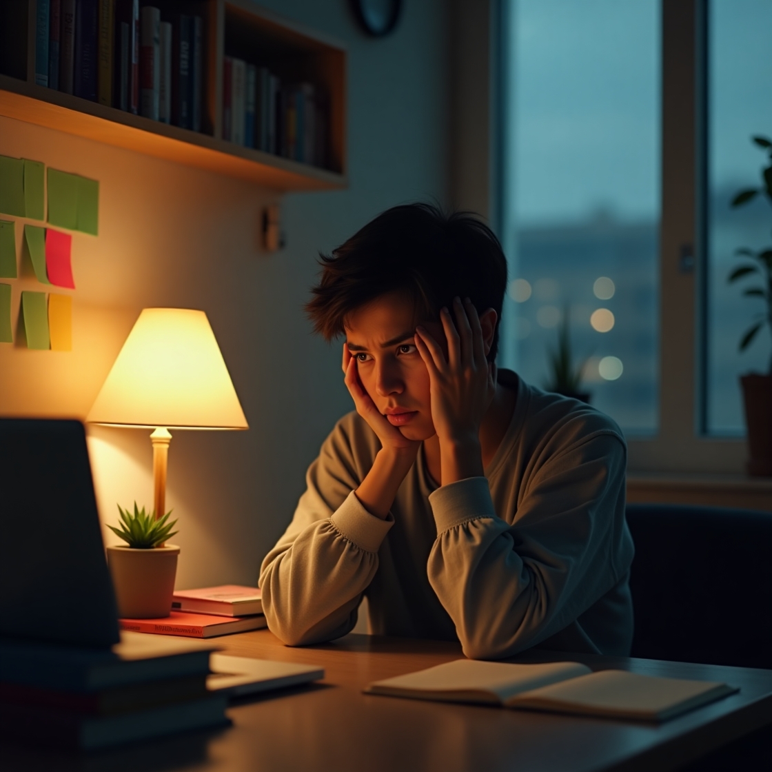 Flux_Dev_A_young_adult_sitting_alone_in_a_cozy_softly_lit_room_0